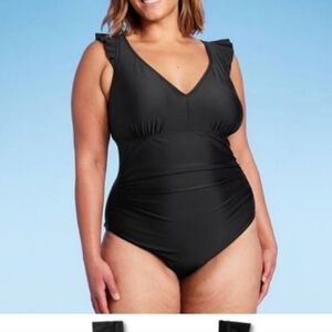 Kona Sol Women's Ruffle Shoulder Ruched Full Coverage One Piece Swimsuit, XL